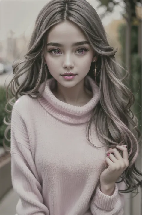 girl, long brown hair, gray eyes, sharp features, white skin, pink lips, sweater