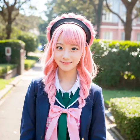 A lively high school girl with pink hair 