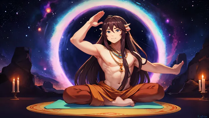 Indian monk, universe, meditatoin, male, long hair, yoga