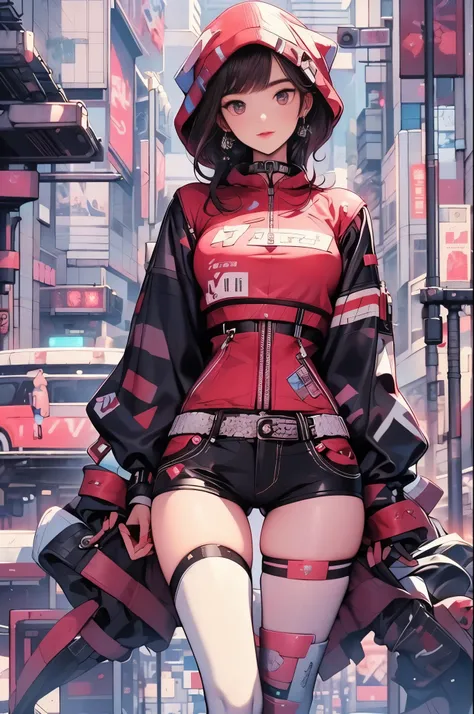 (RAW photos, best quality, masterpiece:1.2), (Practical, photo-Practical:1.4),(masterpiece:1.4),(best quality:1.4), ((Cyberpunk Girl)), ,Short white shirt，Open hooded fur-trimmed down jacket，Red mini skirt，((dynamic poses)), (((Cyberpunk city street backgr...