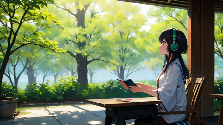 A female student studying with headphones on。Warm Light。Outside, you can see fresh green trees.。Japanese anime style。