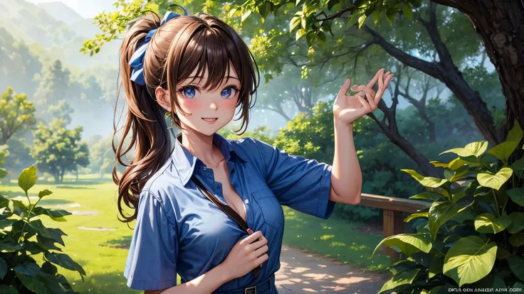 1girl, solo, village, trees, brown hair, long hair, curly hair, ponytail, large breasts, button down shirt, ((blue shirt)), ((unbuttoned shirt)), ((short sleeved shirt)), cleavage, blue eyes, skirt, grin, looking at the viewer, standng, hair ribbon