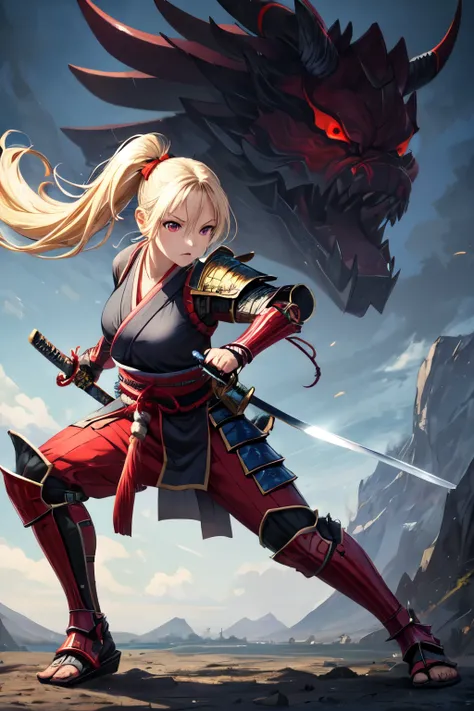 ((best quality)), ((masterpiece)), (detailed), perfect face
1 girl full body look 
long blonde hair pigtail haircut 
Red eyes and fearless expression in face 
samurai armor with Oni mask covering face
wielding one long katana

