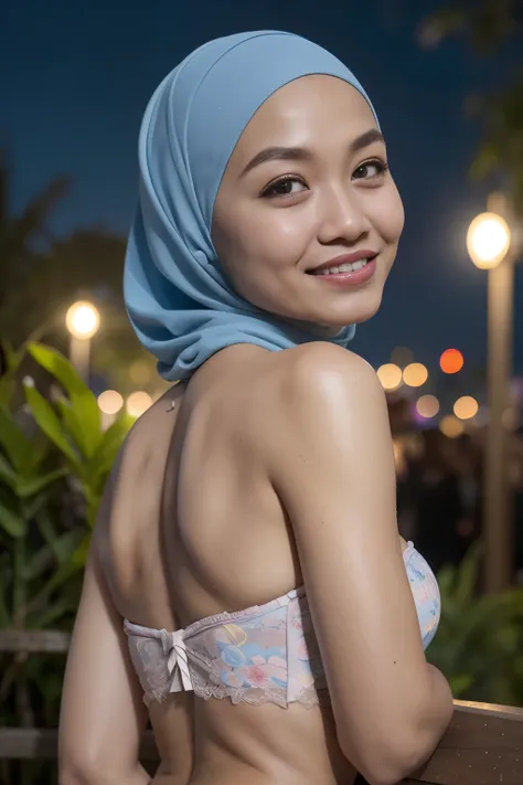 ((Lace)), (Happy smile), (((HIJAB MALAY GIRL))), masutepiece, High quality, UHD 32K, Realistic face, Realistic skin feeling , A Japanese Lady, 58 years old matured lady, , Very cute and baby-like face, (((FLAT CHEST))), (Night time at forest), ((look In fr...