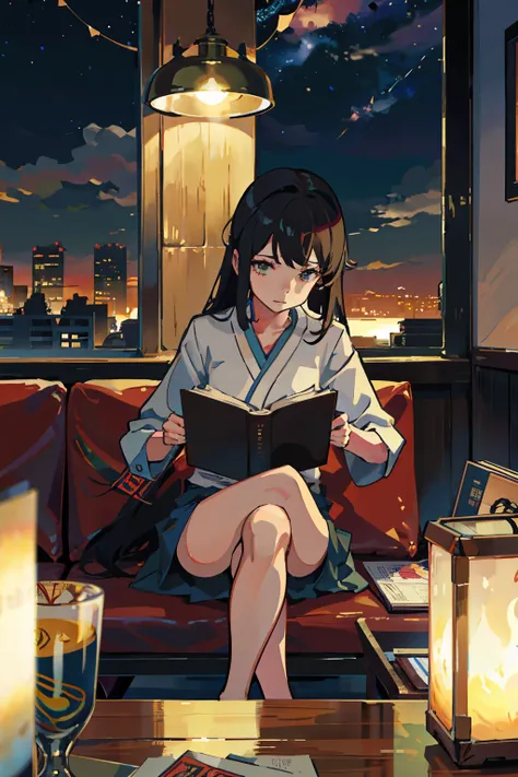 night，A girl reading a book in a quiet corner at home，Her expression is calm and focused，It seems that the whole world only has her and the story in her hands。城市的night外景透过窗户映入眼帘，But her soul is completely peaceful and content.。