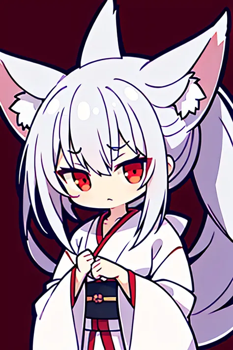 One girl,Gray Hair, Red Eyeid-chest, White fox ears，Round eyebrows，white and red kimono，Angry face