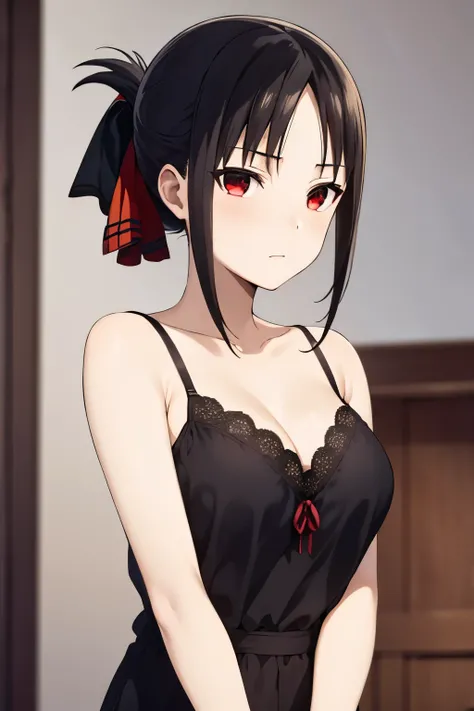 best quality, (masterpiece:1.2), detailed,
shinomiya kaguya,
1girl, solo, closed mouth,
black hair, red eyes, short hair, folded ponytail, hair ribbon, elegant bra, red ribbon,
standing, looking at the viewer, medium breasts,((upper body)), healthy skin,Un...