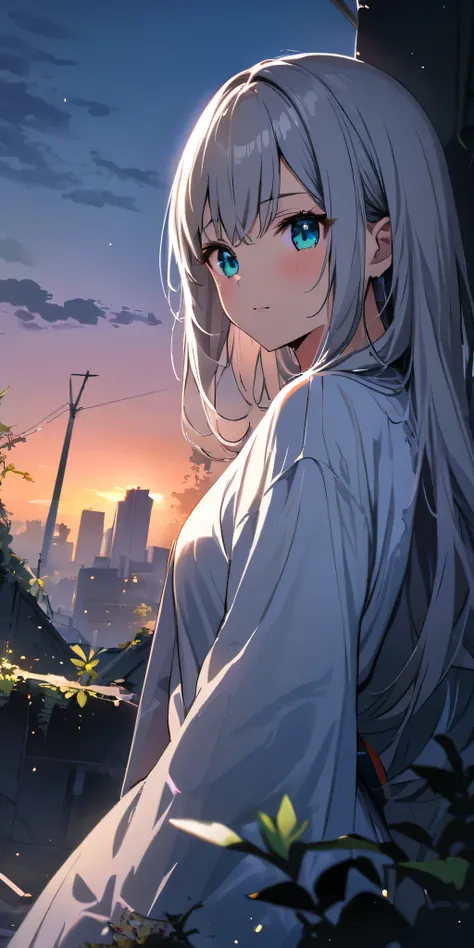 Resolution full, best quality, masterpiece, full HD, beautifull girl, foggy theme, super detailed, 1girl, cute girl, long hair, silver hair, detailed beautiful aqua eyes, white kimono.  holding glowing katana. from below, focus at girl. in ruins, overgrown...