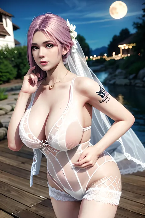 1 girl,lean over WINK,((  Wedding Dress, see-through)), outdoor,elegant,nighttime,moonlighe,shiny skin,( huge breasts:1.1), lip gloss,( tattoos:1.3), masterpiece, best quality, realistic ,Surrealism,natural colors art in 8k,soft shadows,Portrait art,solo, ...