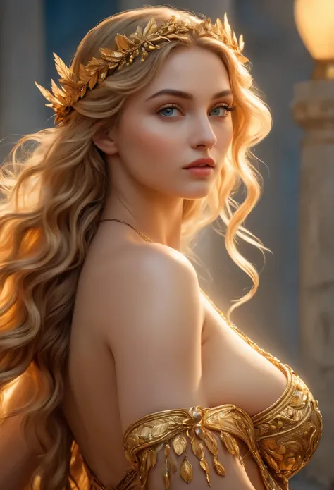 (best quality,4k,8k,highres,masterpiece:1.2), ultra-detailed, (realistic,photorealistic,photo-realistic:1.37), portraits, HDR, Greek mythology, beautiful goddess Venus portrait, perfect DNA, detailed eyes, detailed lips, stunning beauty, flowing golden hai...