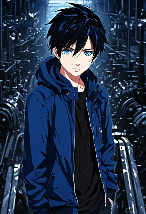 A boy，black color hair，blue color eyes，Handsome，Iterate through elements，Screw on the factory ,Illustration anime style，Dark 4K, hyper HD, Masterpiece