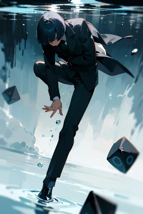 A man in a suit with a bob haircut sinks underwater　Black　die　Close your eyes　Weakness　dark　darkness　sad　Negative　painful　Struggling