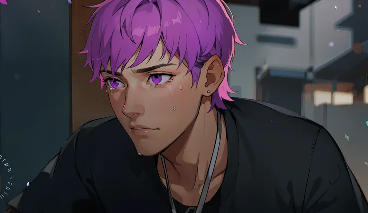 cute 16 year old boy is sad, thoughtful, remembering something bad that happened to him, he has purple eyes, purple hair, he has...