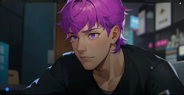 cute 16 year old boy is sad, thoughtful, remembering something bad that happened to him, he has purple eyes, purple hair, he has...