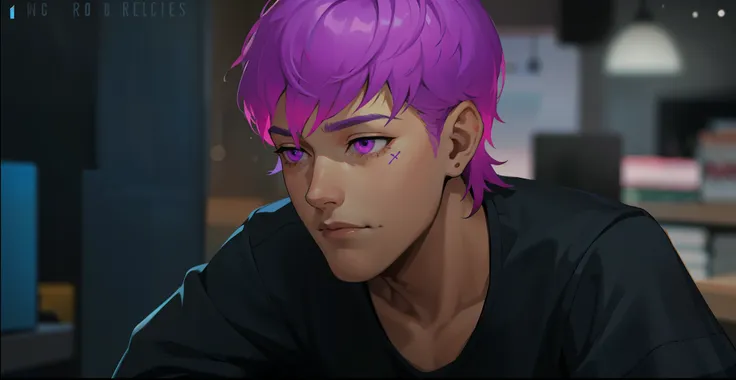 cute 16 year old boy is sad, thoughtful, remembering something bad that happened to him, he has purple eyes, purple hair, he is ...