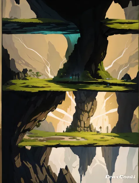 there are three different stages in painting a mountain, arte conceitual. epic landscape, environment arte conceitual, environmental arte conceitual, environment design illustration, conceito de meio ambiente, epic arte conceitual, dramatic lighting. arte ...