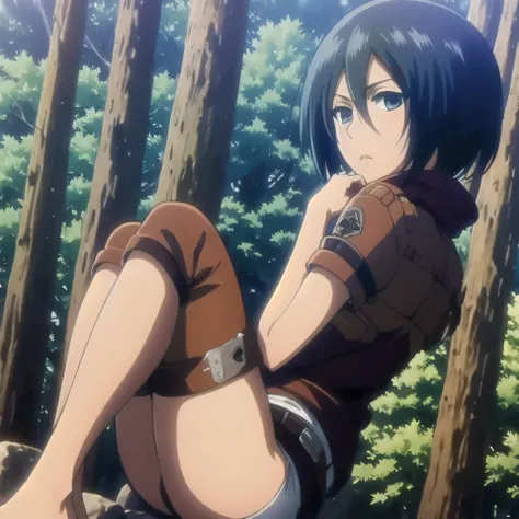 (masterpiece, best quality:1.2), 1girl, solo,mikasa ackerman in forest, dressed in t-shirt and underwear, sexy pose, legs hugged curled up bare feet, slim body, slender legs