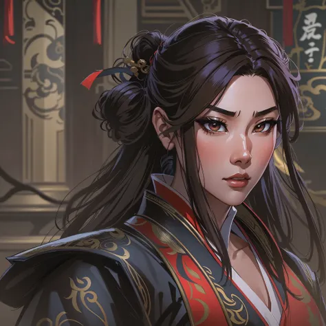 a close up of an asian woman in her 30s, with brown eyes and brown hair, wearing a black and red ball gown dress, a heroine with brown eyes, martial artist holding sword, standing in a chinese temple, new costume concept design, in the style of blade and s...