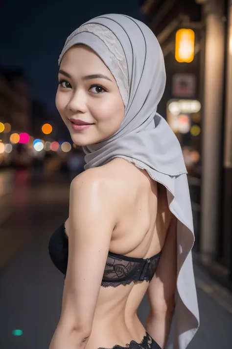 ((Lace)), (Happy smile), (((HIJAB MALAY GIRL))), masutepiece, High quality, UHD 32K, Realistic face, Realistic skin feeling , A Japanese Lady, 58 years old matured lady, , Very cute and baby-like face, (((FLAT CHEST))), (Night time at forest), ((look In fr...