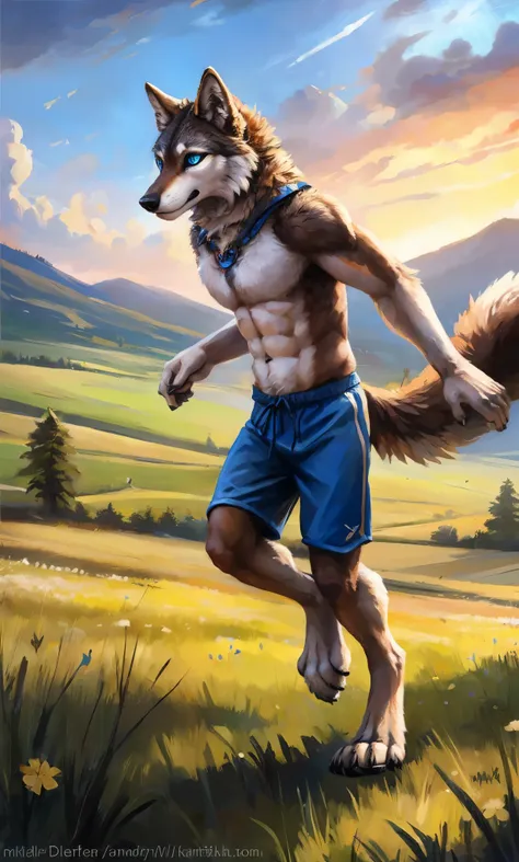 ((solo)), male people, anthro wolf, (multi-colored fur, white-brown:1.3，white tail pointed), (height 2.1m,tail length 1.2m), ((w...