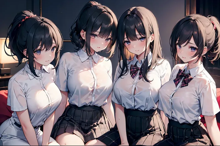 (NSFW), (((four girls))), (((girls group))), (((Group illustration))), ((Highschool uniform)), (white shirt), (see-through), (short sleeves), (waist skirt), (Black plaid skirt), ((glamour bodys)), ((close-up girls)), (night), (erotic girls), (sensual girls...