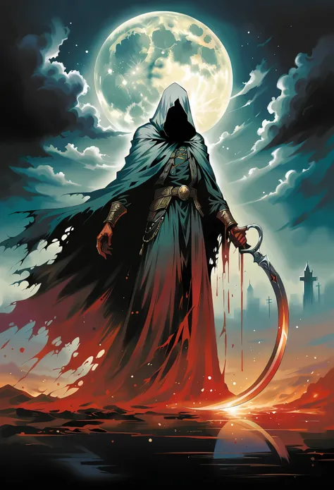 (high resolution,Practical),grim Reaper,in the darkness,ethereal scenery,holding a sickle,With glowing red eyes,Wearing a tattered cloak,Hovering over a foggy graveyard，There are tombstones all around,In the pale moonlight,With a haunting atmosphere,Ominou...