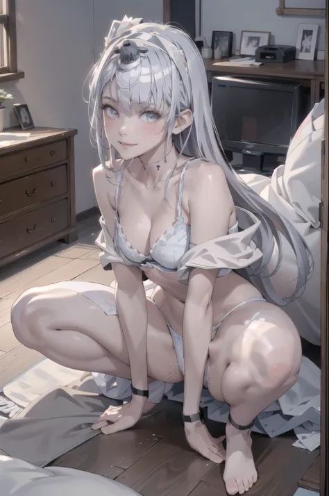 highest quality, masterpiece, High resolution, (Perfect Anatomy) ,1 person fuyutsukiKC, (fuyutsuki) ,((Silver Hair)),((nsfw)) White headband, Crop top,
smile,blush, (indoor, office, living room), 
((Full Body View)),(In underwear) ((Light blue panties)), (...