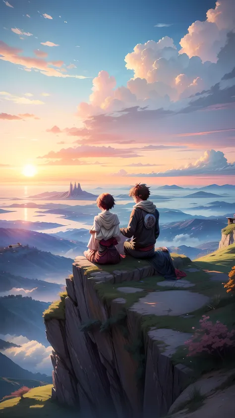 anime couple sitting on a cliff overlooking a beautiful sunset, watching the sun set. anime, guweiz and makoto shinkai, sakimichan and makoto shinkai, 4k anime wallpaper, 4 k manga wallpaper, makoto shinkai cyril rolando, makoto shinkai and bioware, beauti...