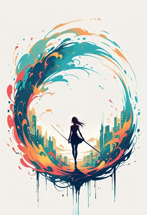 Girl with a sword，Simple lines，Minimalism，Abstract Art，City background