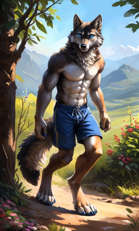 ((solo)), male people, anthro wolf, (multi-colored fur, white-brown:1.3，white tail pointed), (height 2.1m,tail length 1.2m), ((w...