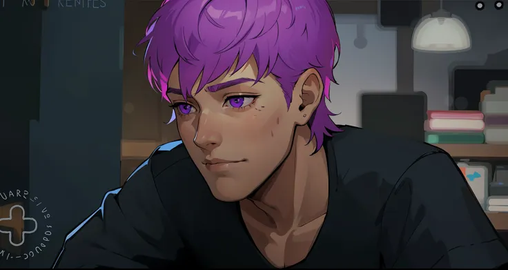 cute 16 year old boy is sad, thoughtful, remembering something bad that happened to him, he has purple eyes, purple hair, he is ...