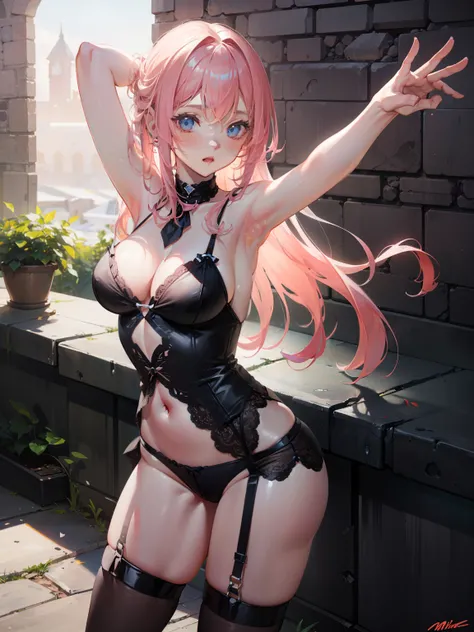 Top quality work，Photorealistic works，Ultra Premium Graphics，8K HD CG works，High-quality graphics，High-definition fine CG works，超A high resolution、(highres,masterpiece:1.2),detailed face,(upraised arms),blushing cheeks,shy expression,latex lingerie,standin...