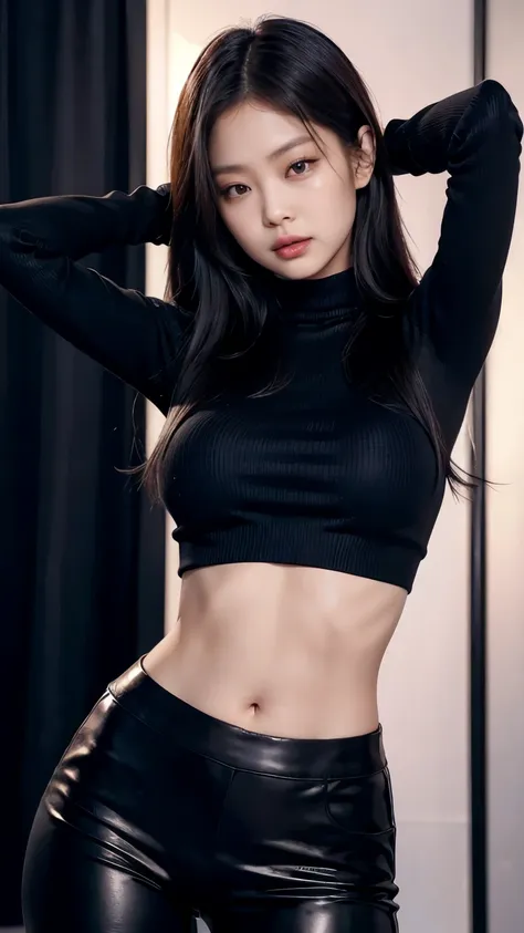 kim jennie, wearing a tight black croptop sweater with long sleeves, black hot pants, sexy pose, showing off the beauty of her b...