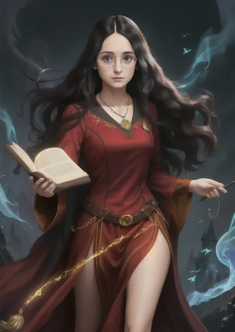 ((Solitary)), woman, Black long hair, blue eyes, Dr. Harry Potter wearing Gryffindor, Glasses, It looks very nice, Mature face, Little Heart Necklace, thigh, Medium breasts, Holding a magic wand and casting magic, A magic book floating beside her