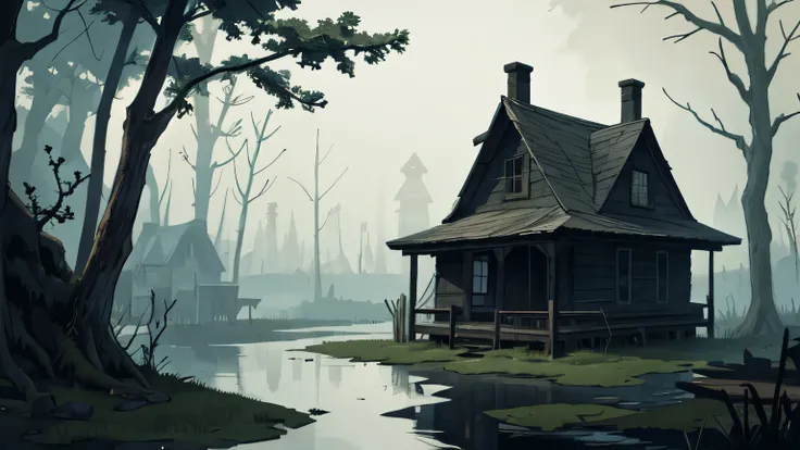 swamp, Wooden house, ominous atmosphere