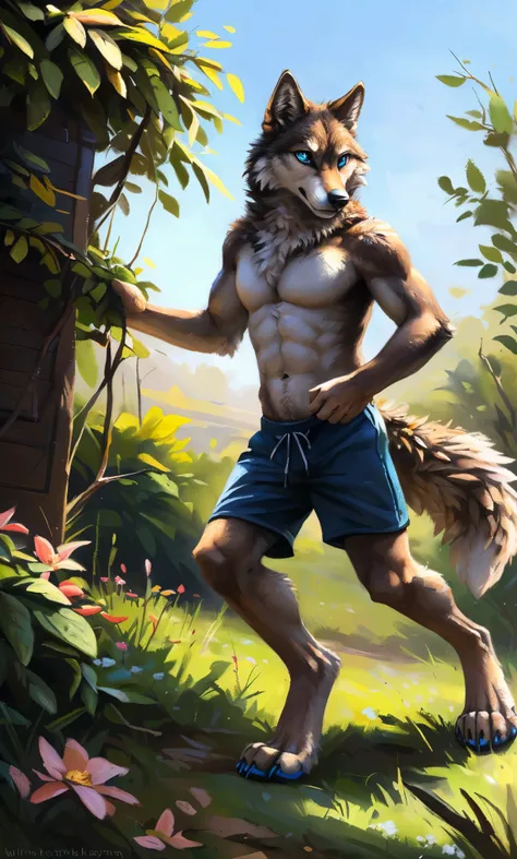 ((Solo)), male people, anthro wolf, (Multi-colored fur, White-brown:1.3，White tail pointed), (Height 2.1m,Tail length 1.2m), ((Wolf face, Big eyes, White eyelids, Blue pupil, Slim:1.2) (Tough, Calm expression:1.2)), Abs, Slim, pinging)), (Correct anatomy),...