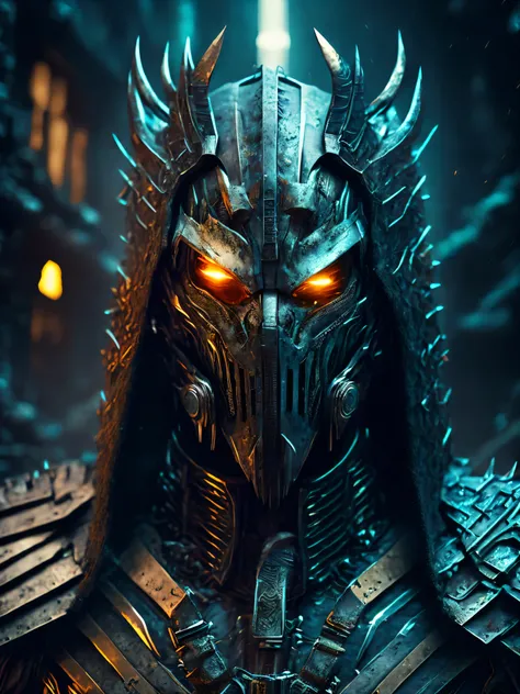 breathtaking cinematic science fiction photo of a portrait of a non human masked Grim dressed as the Predator in metal skin, body full glowing metrics inside, glowing multicoloured eyes, multifaceted eyes, metallic arms, inside a destroyed building, extrem...