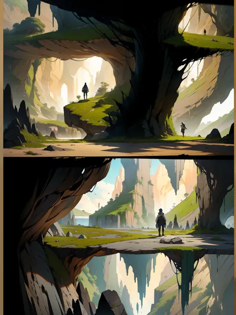 there are two different views of a cave with a man inside it, arte de fundo, environment design illustration, comic arte conceit...