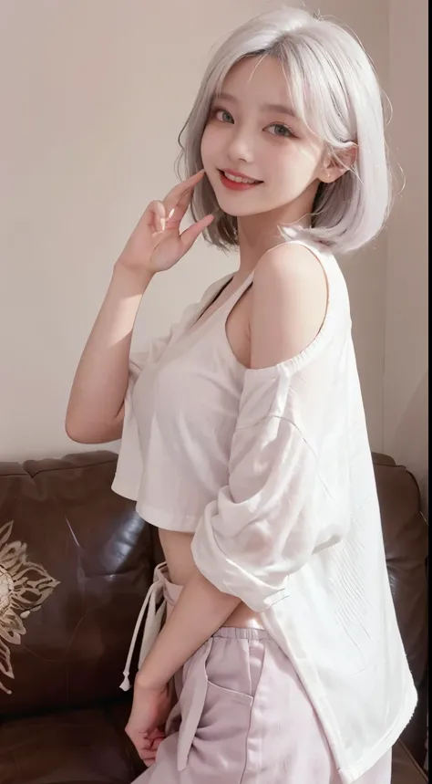 best image quality、Raw photo、超A high resolution、21 year old Korean、small breasts、dynamic angle、cowboy shot、the most beautiful form chaos、elegant、brutalist design、vivid colors、beautiful white hair、short bob、smile、fun、smile、glossy white skin、beautiful eyes w...