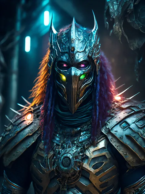 breathtaking cinematic science fiction photo of a portrait of a non human masked Grim dressed as the Predator in metal skin, body full glowing metrics inside, glowing multicoloured eyes, multifaceted eyes, metallic arms, inside a destroyed building, extrem...