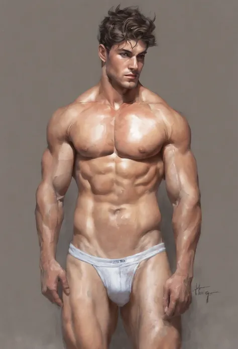 sketch, 20 yo male figure study, young muscle-bound jock, standing, full stocky body, completely naked, totally , , sans clothing, au natural, covering crotch, bare butt, crowded gym shower with spraying showers and showering men in background, pastels, by...