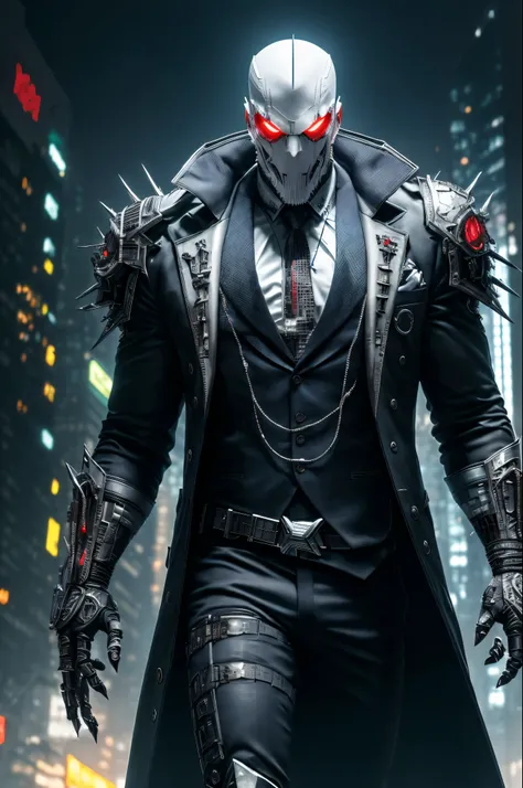 (extremely detailed 8k wallpaper), a medium shot photo of white cyberpunk Grim in a suit made of metal from marvel, horror theme, intricate, high detail, dramatic