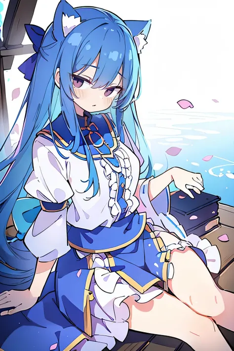 (masterpiece:1.2),ultra-detailed,realistic,expressive eyes,fair-skinned,perfectly shaped face,1girl,
Japanese cartoons,Gorgeous blue hair, flowing blue hair,floating clothes,cat ears,petals falling,beautiful Lola,Hina Angel,
hands on waist,gracefully sitti...