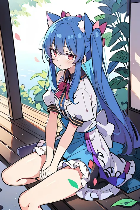 (masterpiece:1.2),ultra-detailed,realistic,expressive eyes,fair-skinned,perfectly shaped face,1girl,
Japanese cartoons,Gorgeous blue hair, flowing blue hair,floating clothes,cat ears,petals falling,beautiful Lola,Hina Angel,
hands on waist,gracefully sitti...