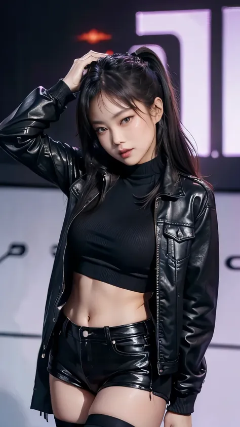 kim jennie, wearing a tight black croptop as the inside, wearing an open denim jacket as outer, short black hot pants with black...