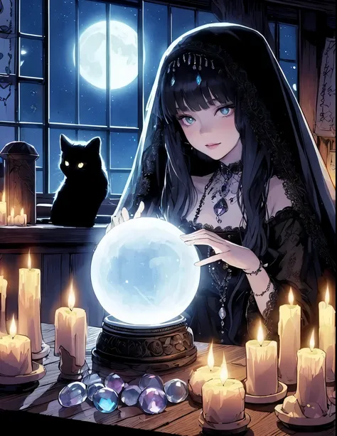 1lady solo, sitting at table, (using large crystal for fortune-telling), fortune teller outfit, black head veil, jewelry, mature female, /(black hair/) bangs, cool expression, (light smile:0.6), (masterpiece best quality:1.2) delicate illustration ultra-de...