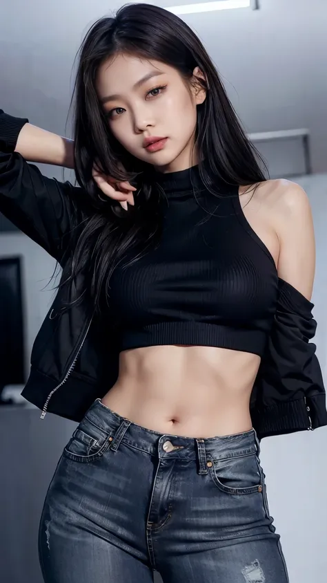 kim jennie, wearing a tight black croptop as the inside, wearing an open jeans jacket as outer, short black hot pant, sexy pose,...