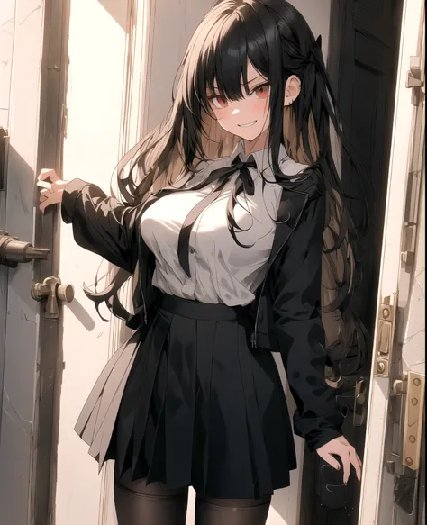 grin,, 1girl, solo, long hair, breasts, looking at viewer, annoyed, ((opening door)), bangs, skirt, large breasts, shirt, black hair, long sleeves,  HDR.  black skirt, two side up, black pantyhose, brown footwear, 