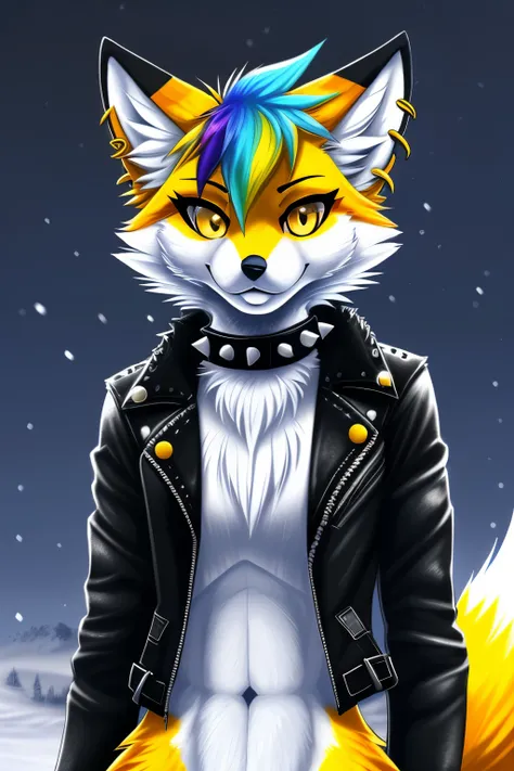 (ultra detailed), a beautiful and intricately designed full-size portrait of a punk-style snow fox girl, ((piercings, colorful hair, leather jacket, studded collar)), ((detailed eyes, golden-yellow eyes, shining eyes)), snow-covered fox ears and bushy tail...