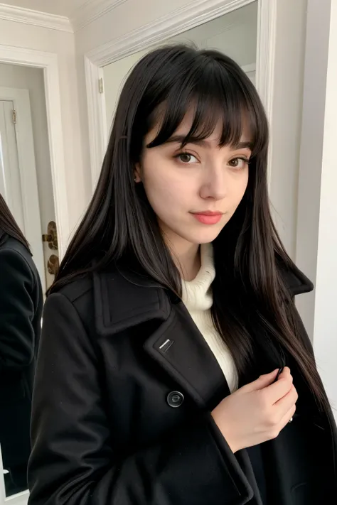 A girl, wearing a coat, room in the background, black hair, bangs, pale skin, black coat, selfie